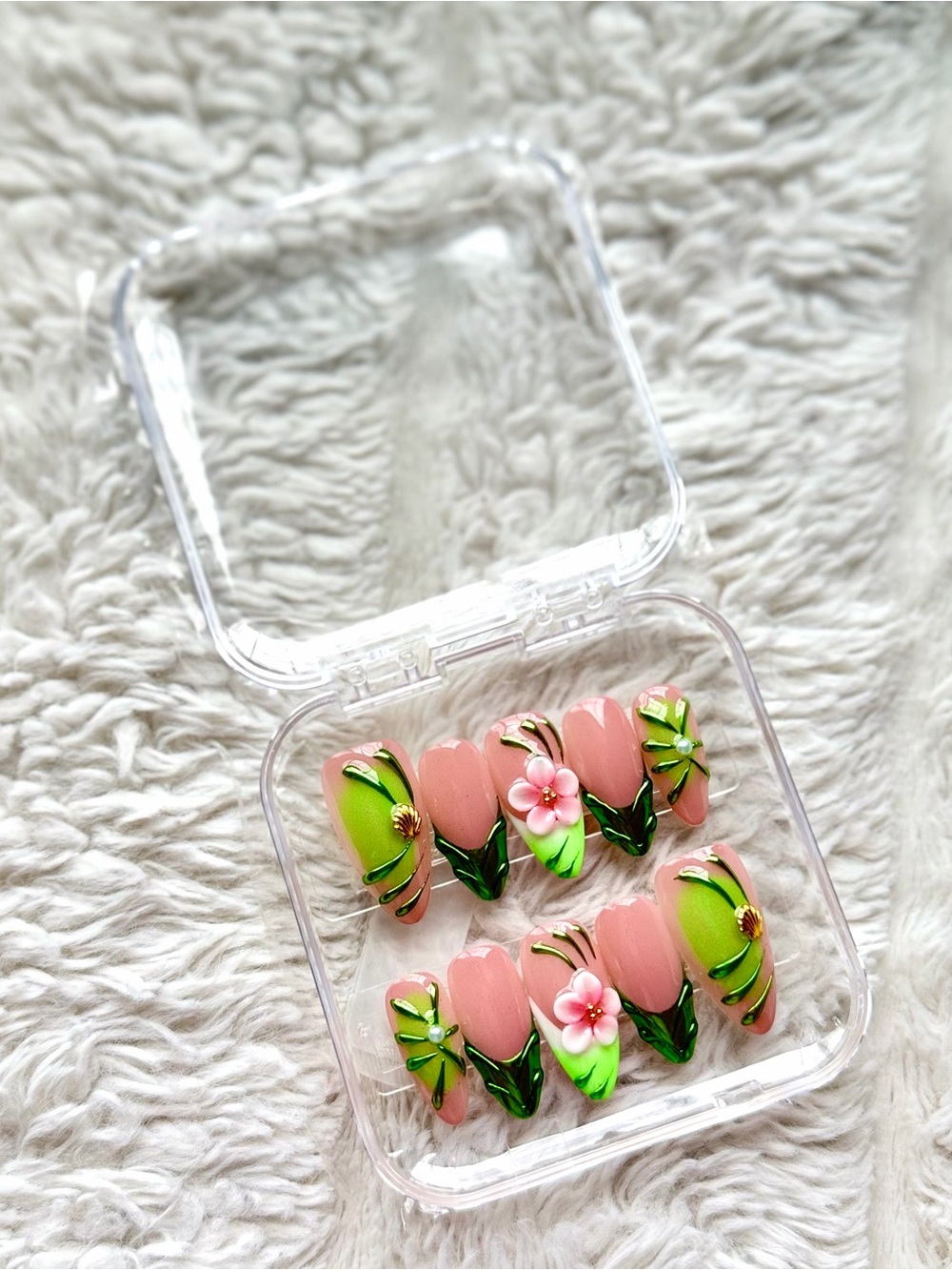 LARGE Pink & Lime Floral Press-On Nail Set